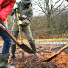 Drie mensen planten een boom. Twee houden een schep vast.